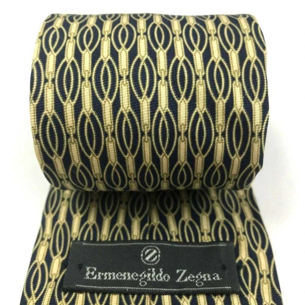 Ermenegildo Zegna Beige/Light Gold Navy Blue 100% Silk Necktie Made in Italy 56